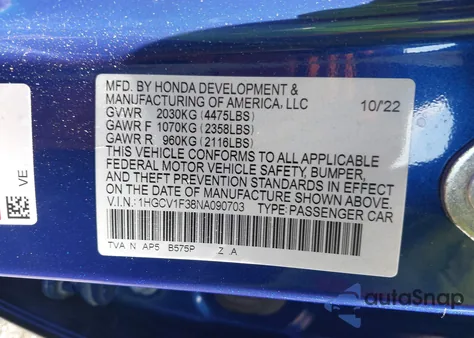 2022 Honda Accord Sport from USA, damaged, VIN 1HGCV1F38NA090703
